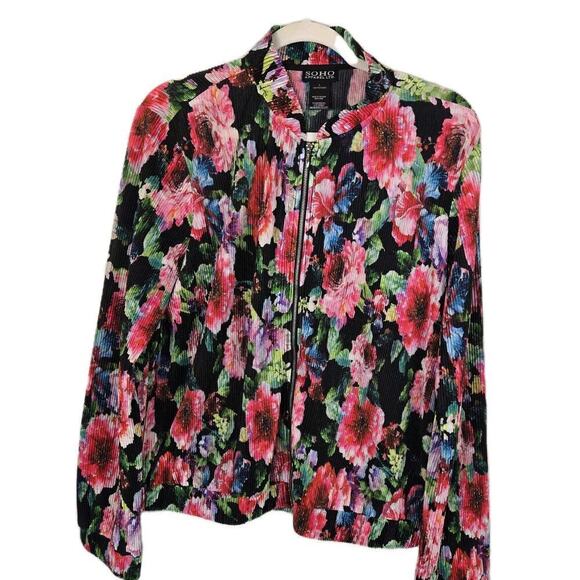 Soho Jackets & Blazers - Soho Floral Print Pleated Zip-up Jacket LARGE Farmhouse Cottage Peasant Lightwei